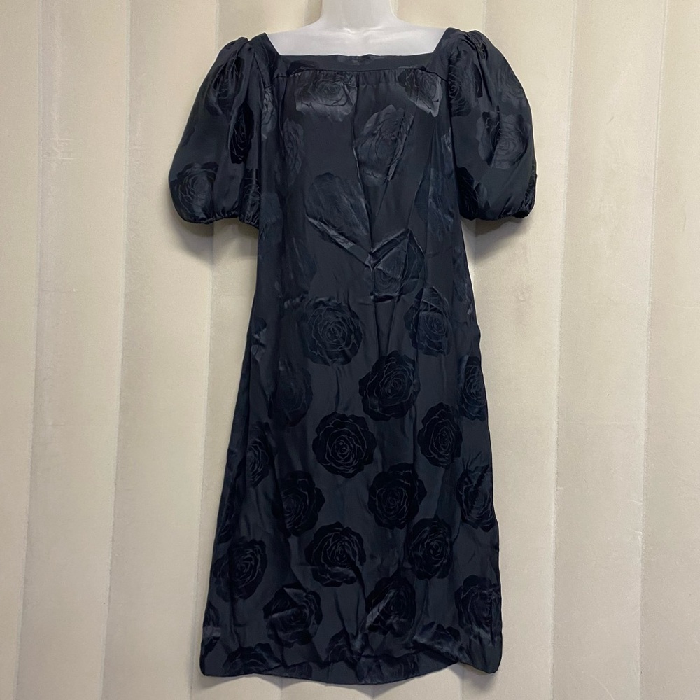 Vintage Albert Nipon Women's Dress Size 12 Black Rose Puff Sleeve Silk